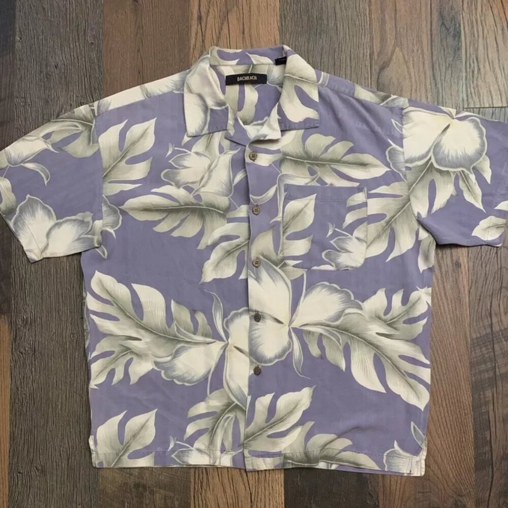 BACHRACH Men's Blue 100% Silk Button Up Casual Short Sleeve Shirt Size Large L